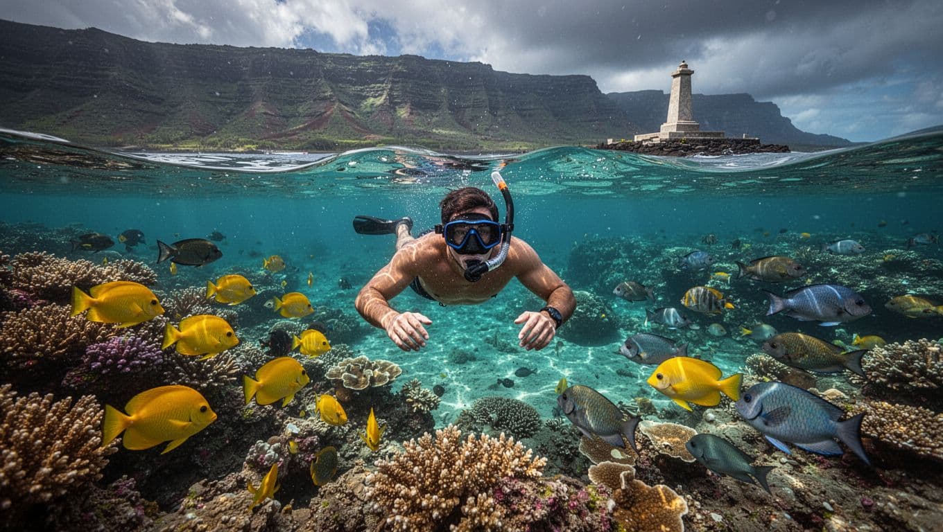 A snorkeler swims relaxed above a colorful coral reef teeming with tropical fish like yellow tangs and parrotfish in crystal-clear turquoise waters of Kealakekua Bay, Hawaii, with distant volcanic cliffs and Captain Cook monument visible.