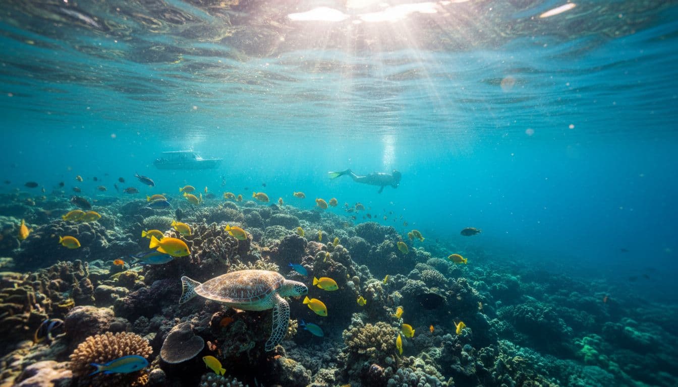 Snorkeler explores vibrant coral reef with yellow tangs, parrotfish, and sea turtle in turquoise Kealakekua Bay waters under sunlight rays.