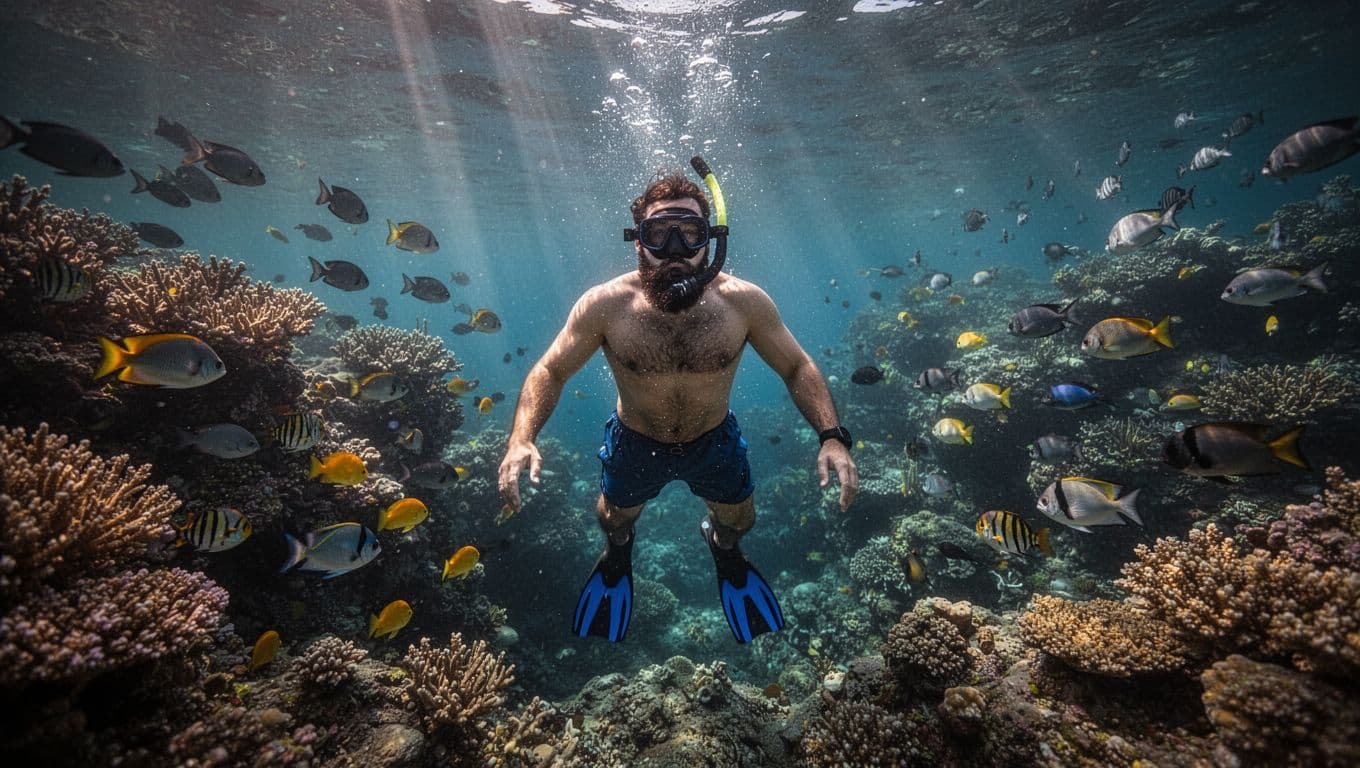 View from behind bearded snorkeler with mask and fins amid coral reef, tropical fish, and sun rays in clear blue water.