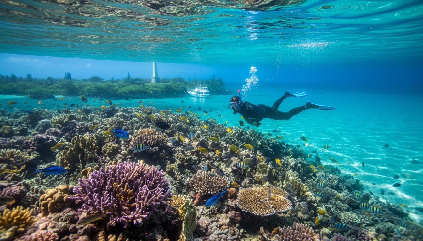 Snorkeler explores coral reef with colorful fish in clear Kealakekua Bay waters, sunlight rays and distant Captain Cook monument visible.