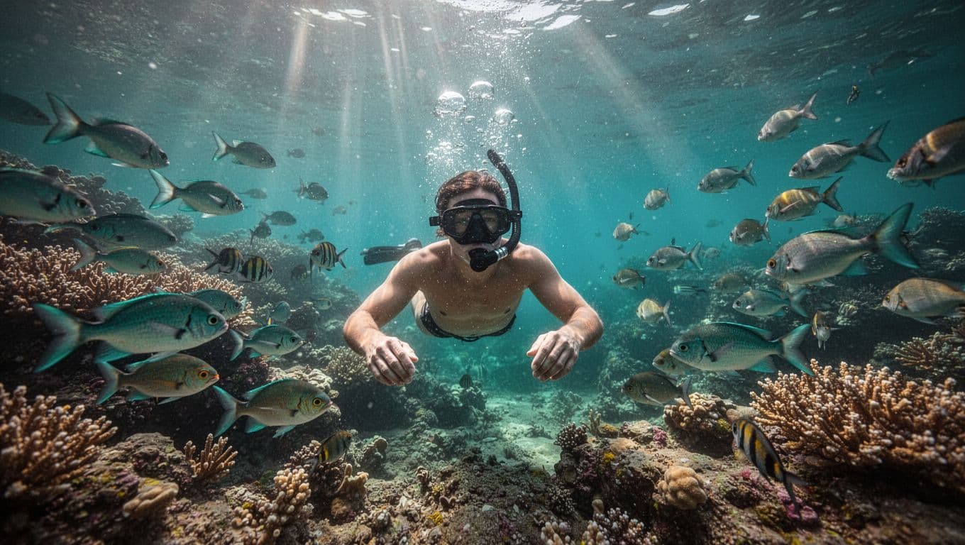 Underwater scene of one snorkeler exploring colorful coral reef with tropical fish in Kealakekua Bay, Big Island, Hawaii, sunlight rays through turquoise water.