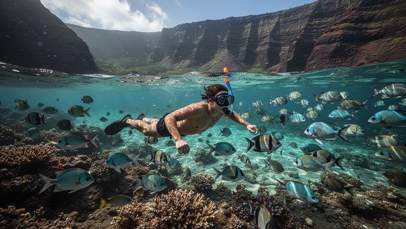 Crystal clear turquoise waters of Kealakekua Bay on Big Island Hawaii feature a snorkeler exploring a vibrant coral reef and schools of tropical fish, with dramatic volcanic cliffs in the background.