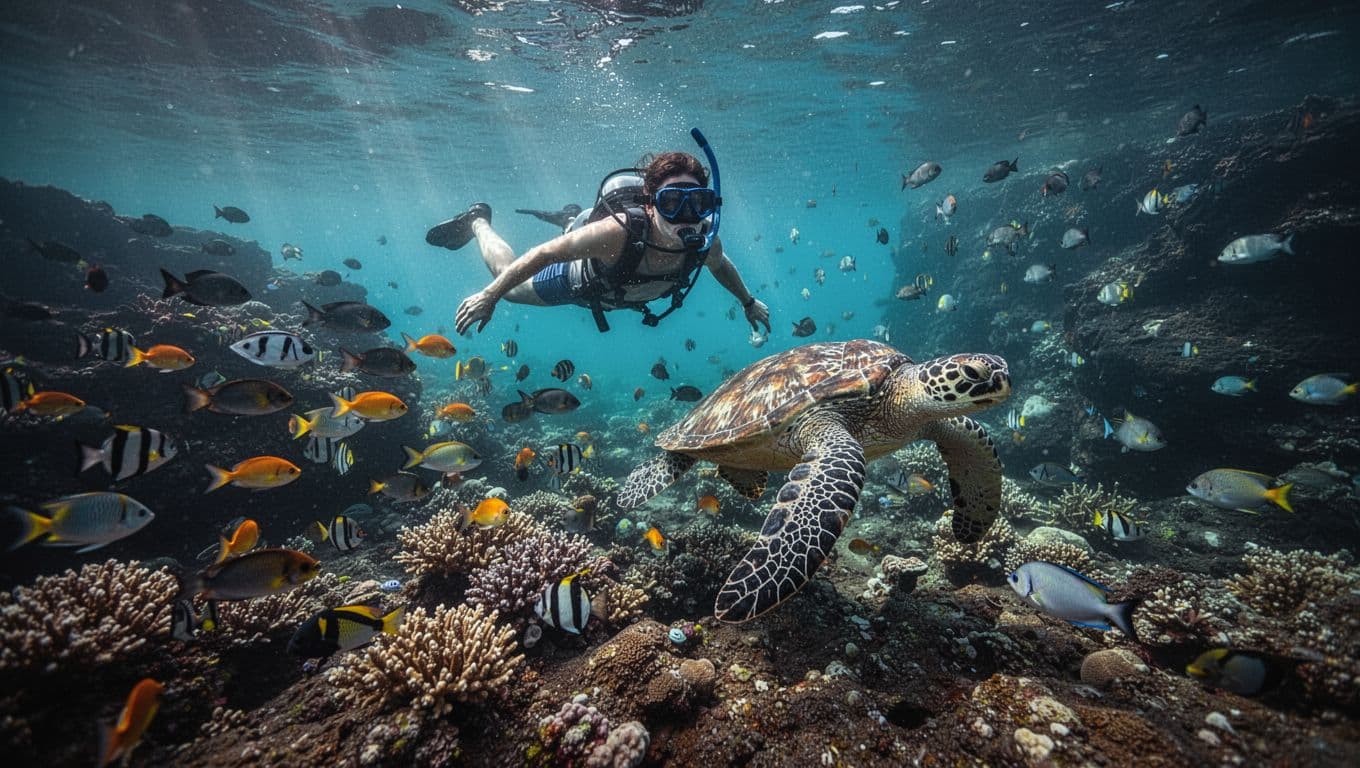 Snorkeler swims above colorful coral reef with schools of tropical fish and green sea turtle in turquoise water.