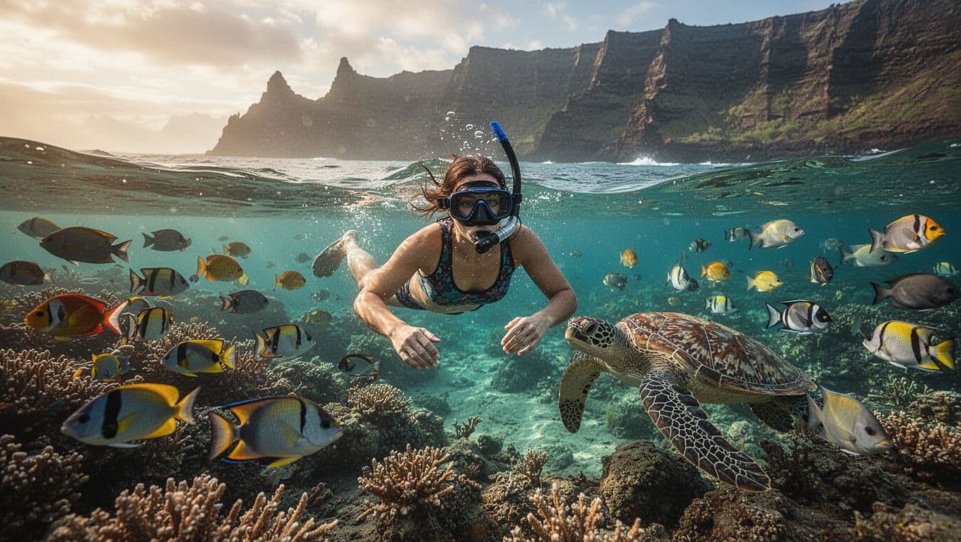 Snorkeler swims above coral reef with tropical fish and sea turtle in Kealakekua Bay.