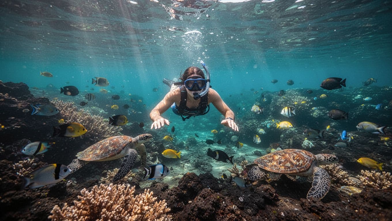 Snorkeler views coral reef, fish, turtles near volcanic rocks in clear turquoise water.