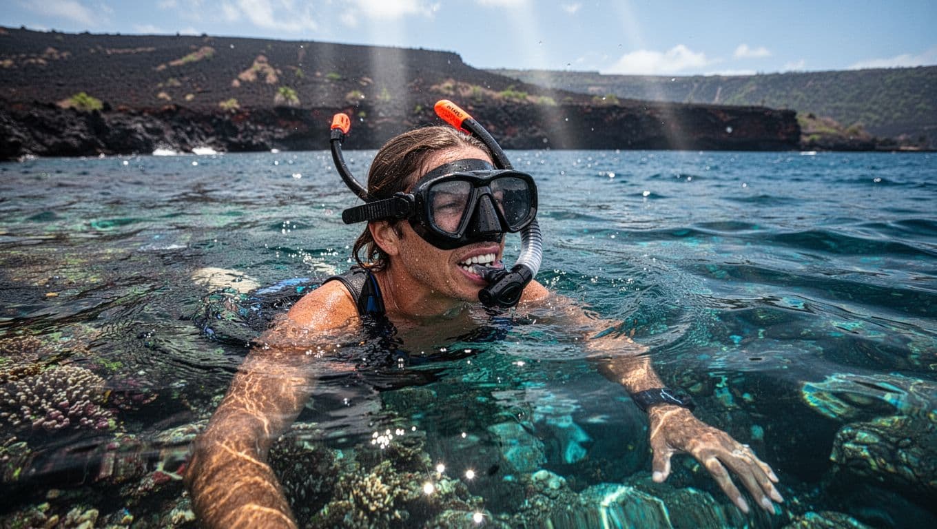 A snorkeler floats calmly above a coral reef in clear Hawaiian water.