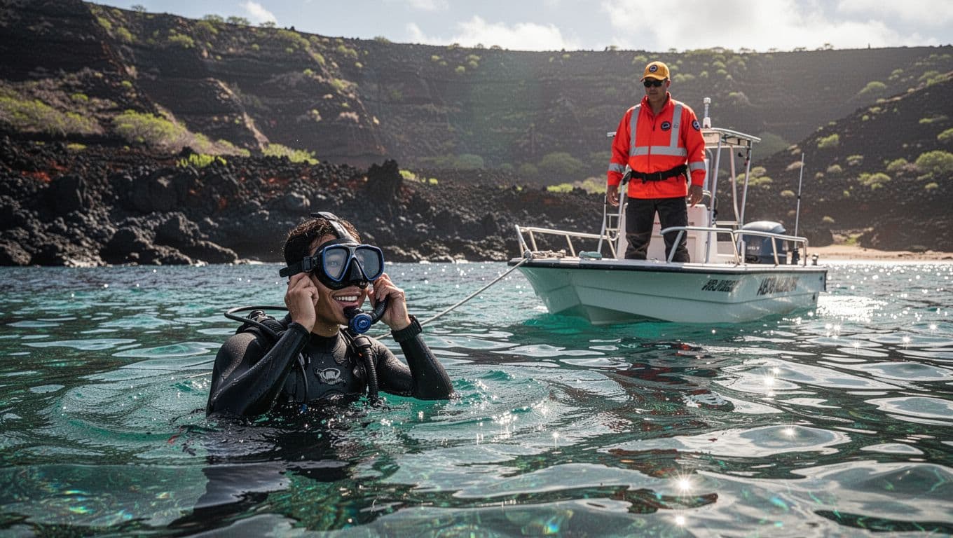 A snorkeler surfaces from clear turquoise water in Kealakekua Bay, Big Island Hawaii, removing traditional mask and smiling at lifeguard-certified guide on nearby boat, with volcanic coastline.