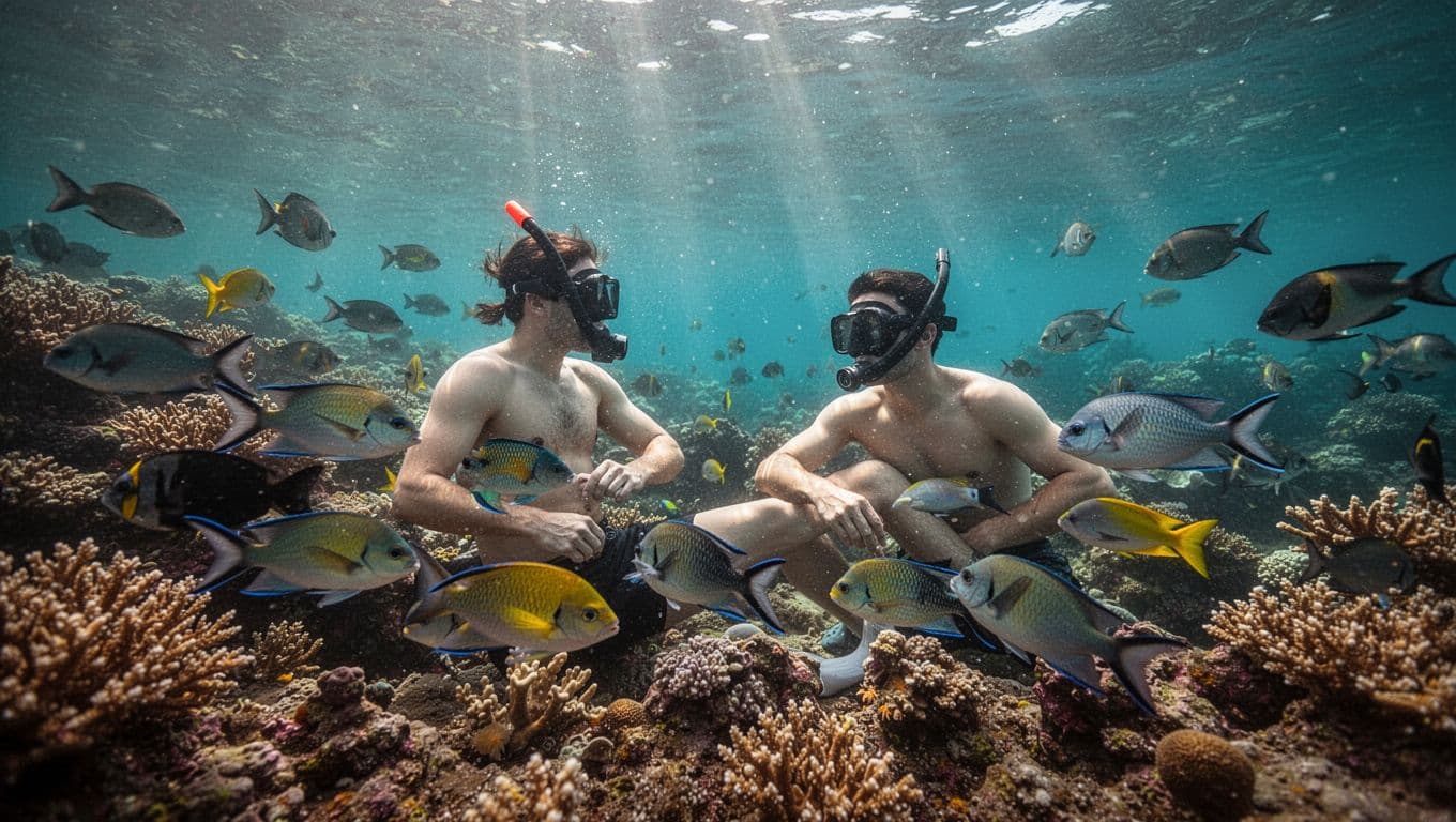 Snorkeler observes colorful tropical fish among vibrant coral reefs in clear turquoise water with sunlight rays.
