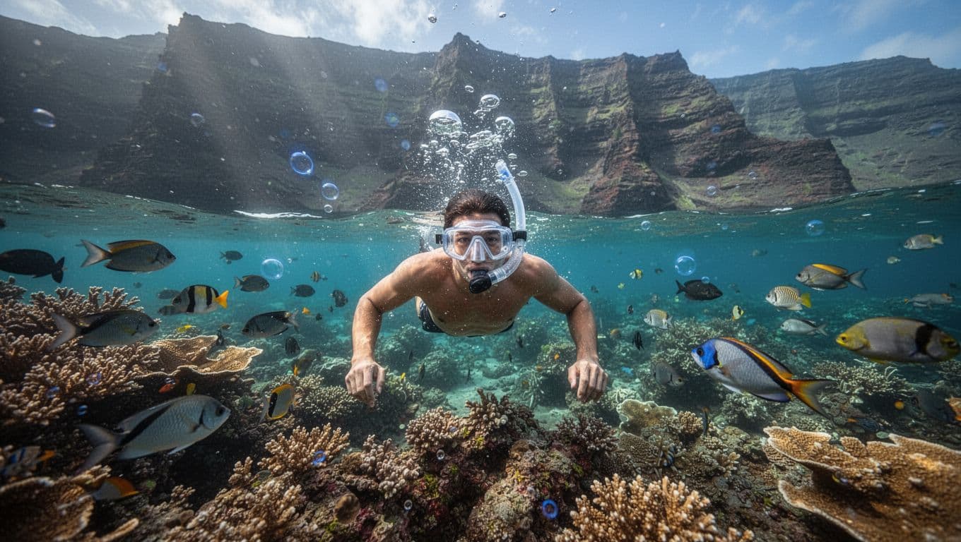 Snorkeler wearing prescription mask swims through vibrant coral reef with schools of tropical fish in clear turquoise waters of Kealakekua Bay, volcanic cliffs in background, underwater view with sunlight rays.