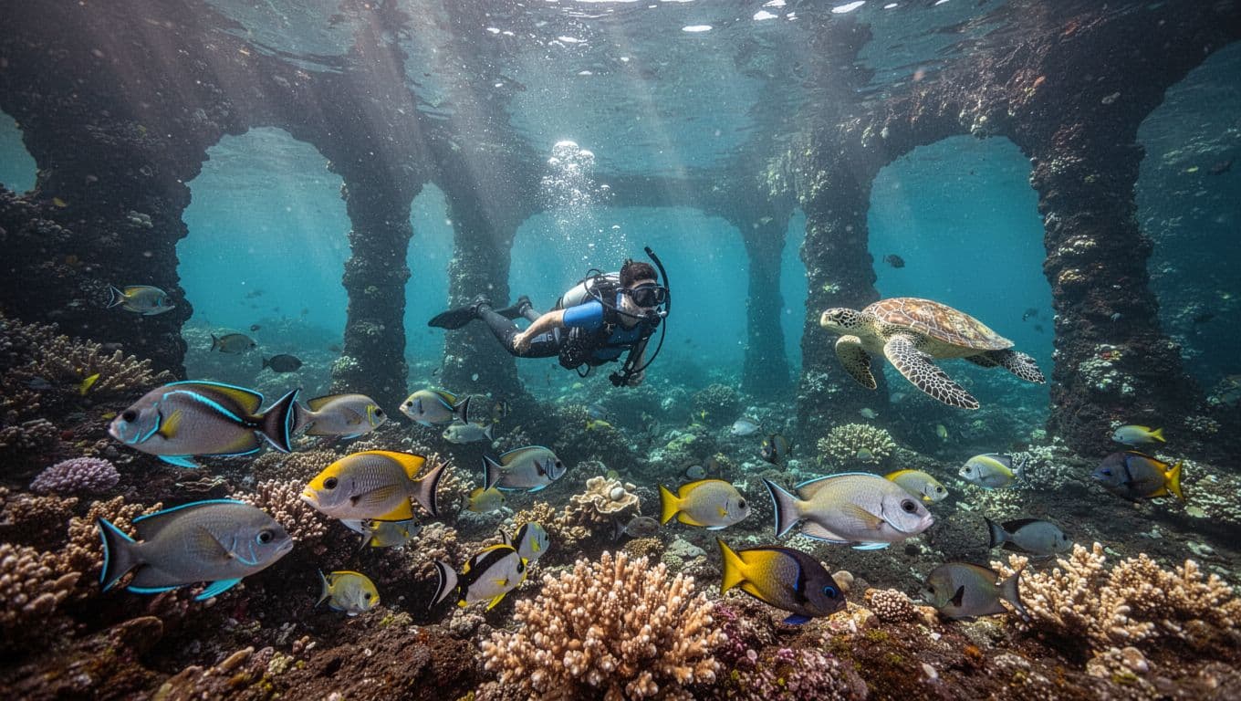 A snorkeler floats above a vibrant coral reef in Kealakekua Bay, Big Island, Hawaii, surrounded by schools of colorful tropical fish, lava tube arches, and a distant green sea turtle in crystal-clear turquoise water with dramatic sunlight rays.