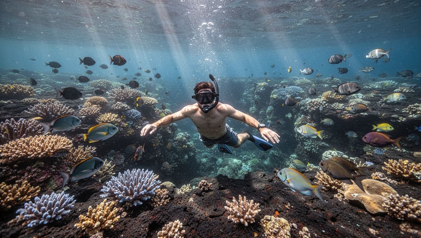 Snorkeler explores coral gardens and triggerfish on volcanic lava shelf in clear water with light rays.