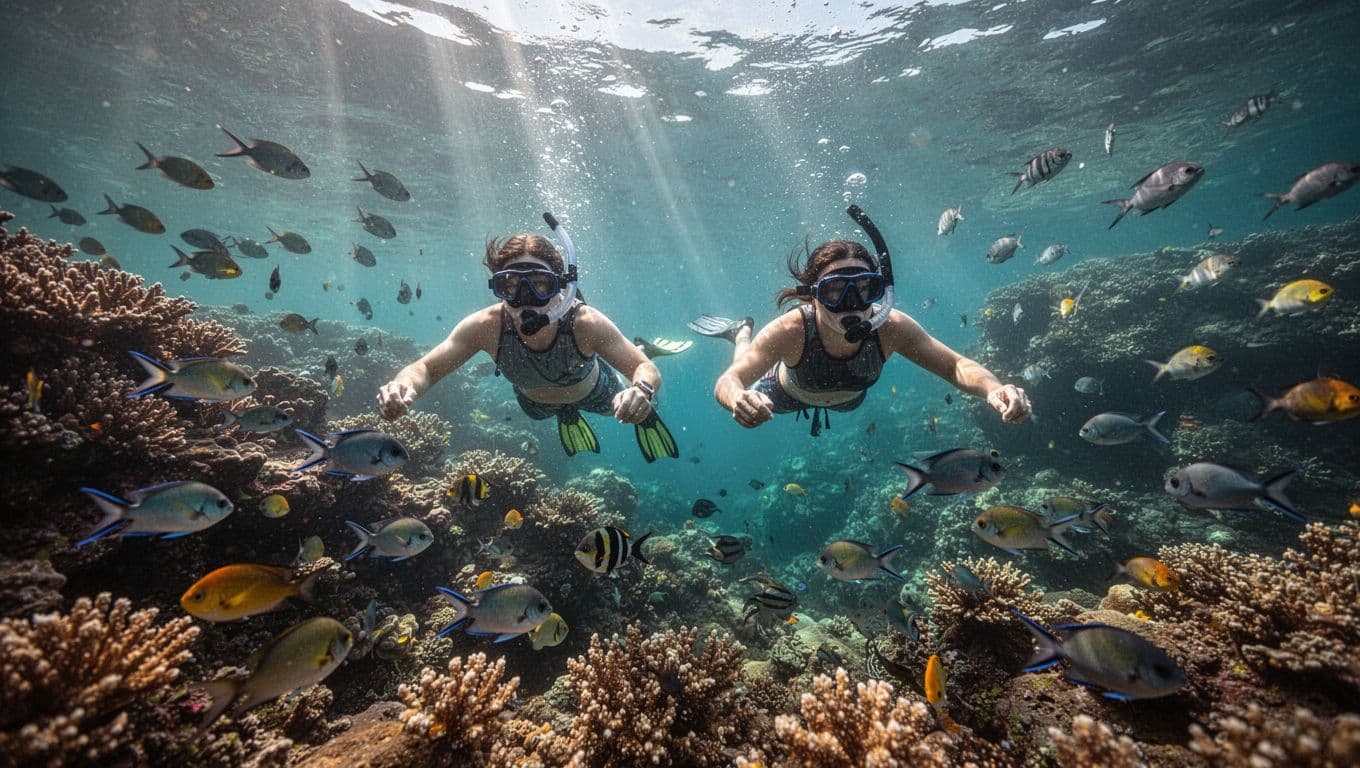 Two snorkelers swim among coral reefs and tropical fish in turquoise water with sunlight rays.