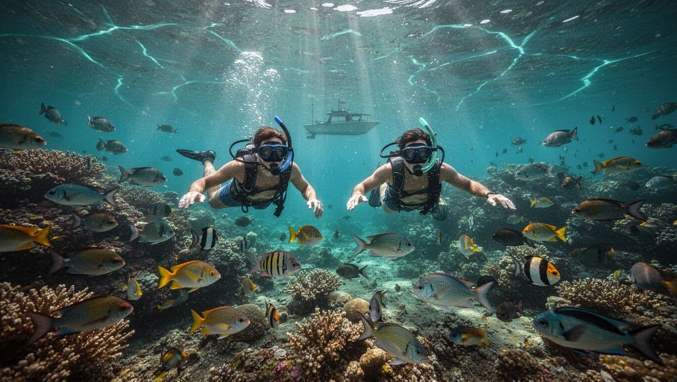 Two snorkelers swim with colorful fish amid coral in turquoise waters, sunlight rays piercing from above and distant boat silhouette.