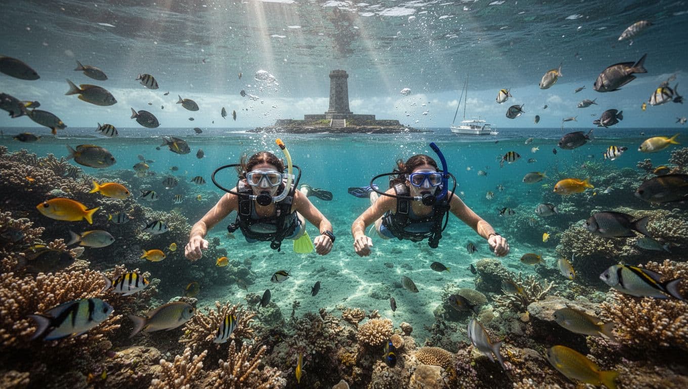 Two snorkelers explore vibrant coral reef in clear Kealakekua Bay waters near Captain Cook monument, with fish schools and sun rays.
