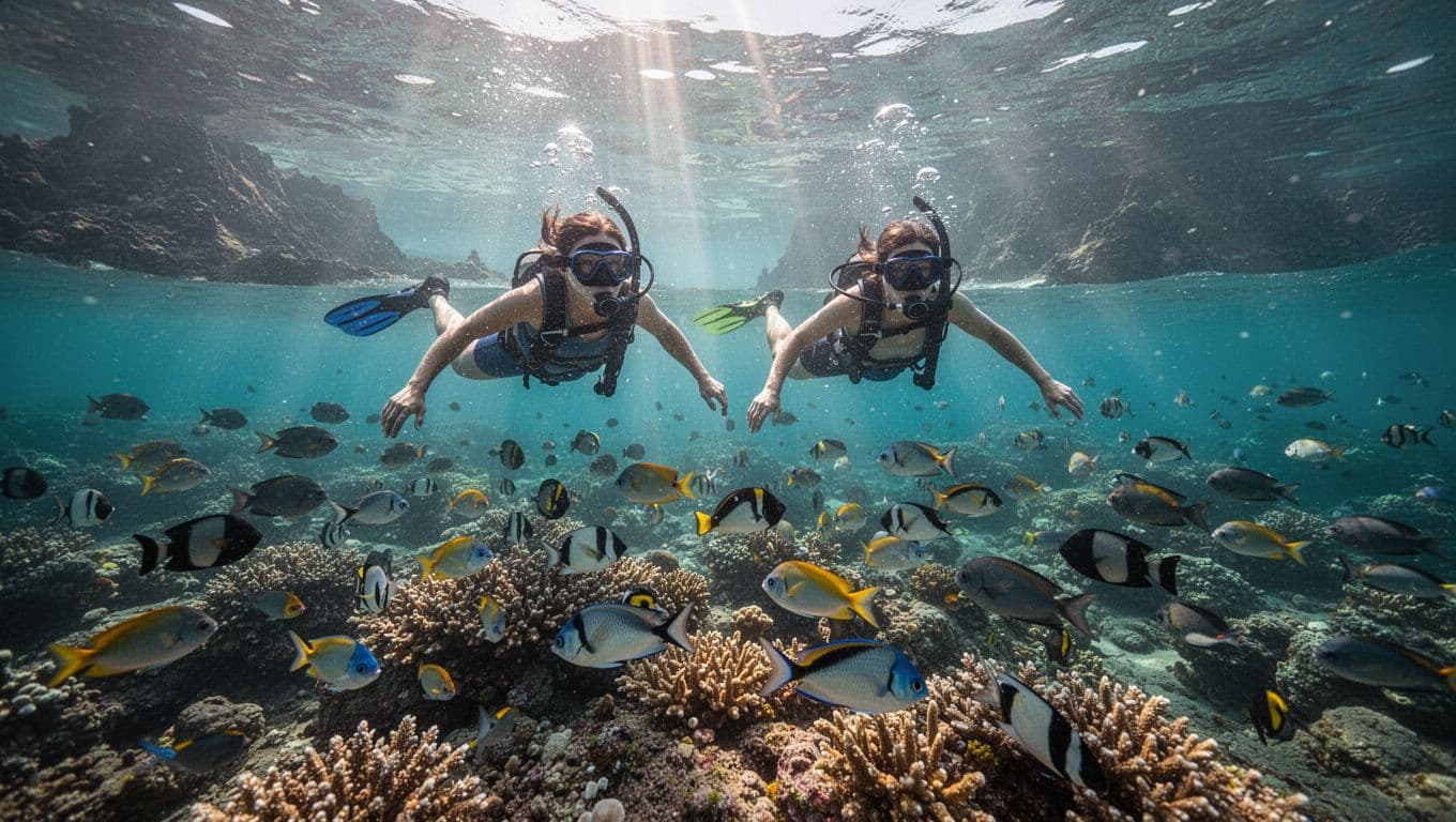 Two snorkelers with masks and fins swim relaxed above a vibrant coral reef and schools of tropical fish in the clear turquoise waters of Kealakekua Bay near Captain Cook Monument, with sunlight rays piercing the surface and distant volcanic cliffs.