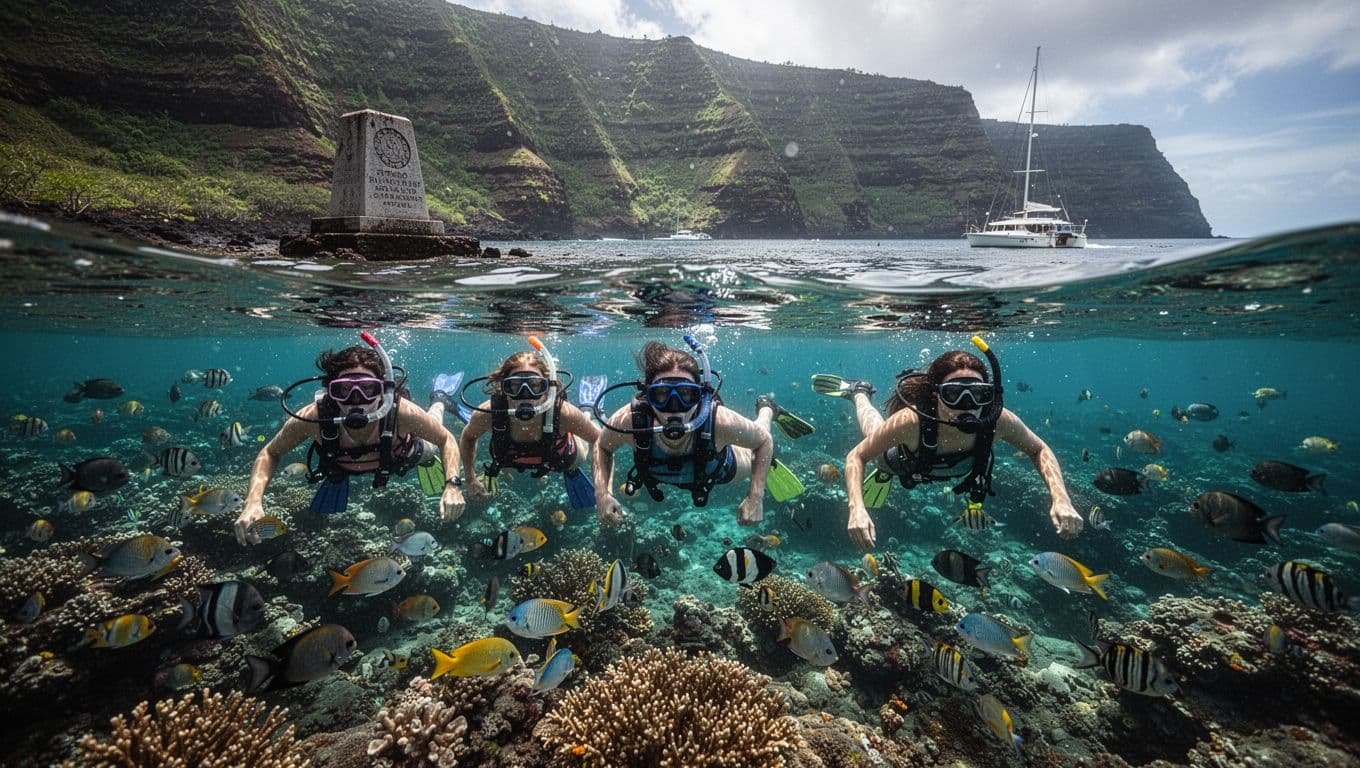 Four snorkelers in masks and fins explore coral reef with fish in Kealakekua Bay, split above-underwater view shows boat and cliffs.