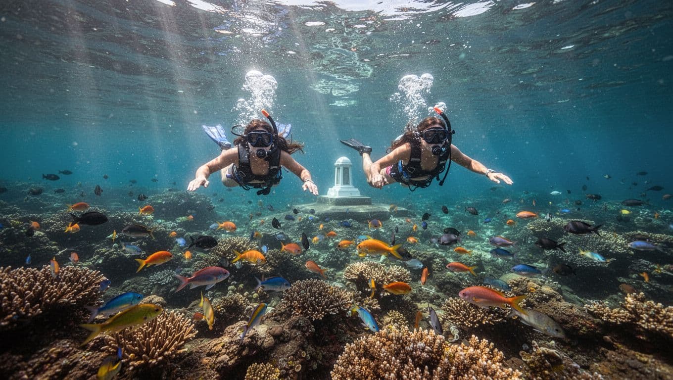 Two snorkelers glide above a vibrant coral reef in Kealakekua Bay, Big Island, Hawaii, near the Captain Cook monument, surrounded by colorful fish schools in crystal clear turquoise water with dramatic sunlight rays.
