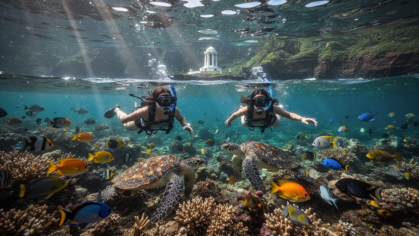 Two snorkelers glide over a colorful coral reef teeming with tropical fish and sea turtles in crystal-clear turquoise waters of Kealakekua Bay, with distant view of Captain Cook Monument.