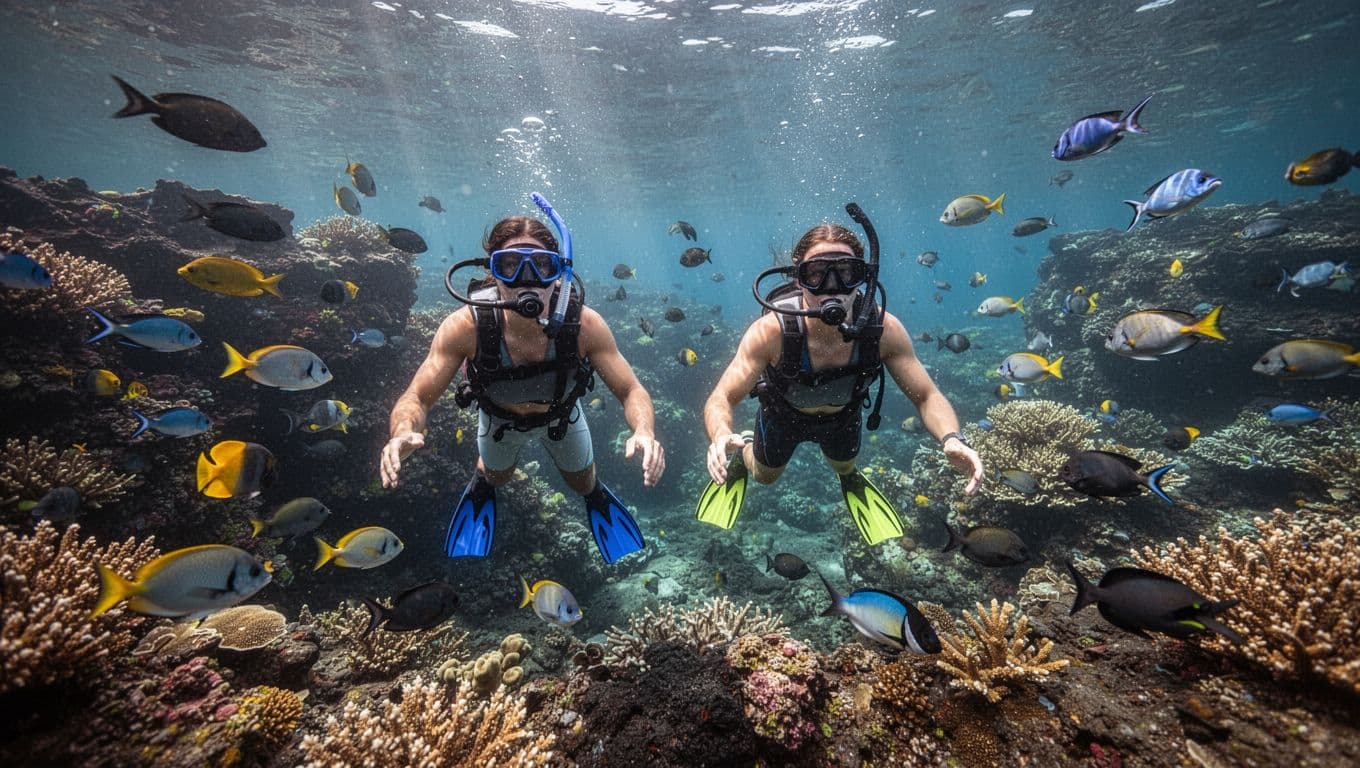 Diverse group of three snorkelers explores colorful coral reef and schools of tropical fish in crystal clear Kealakekua Bay waters, Big Island Hawaii, with sunlight piercing the surface and dramatic cinematic lighting.