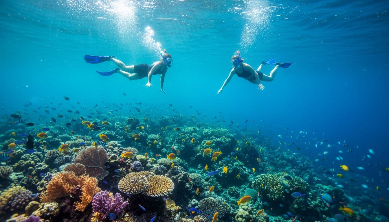 Two snorkelers explore coral reefs and fish schools in clear Kealakekua Bay with sunlight rays piercing the water.