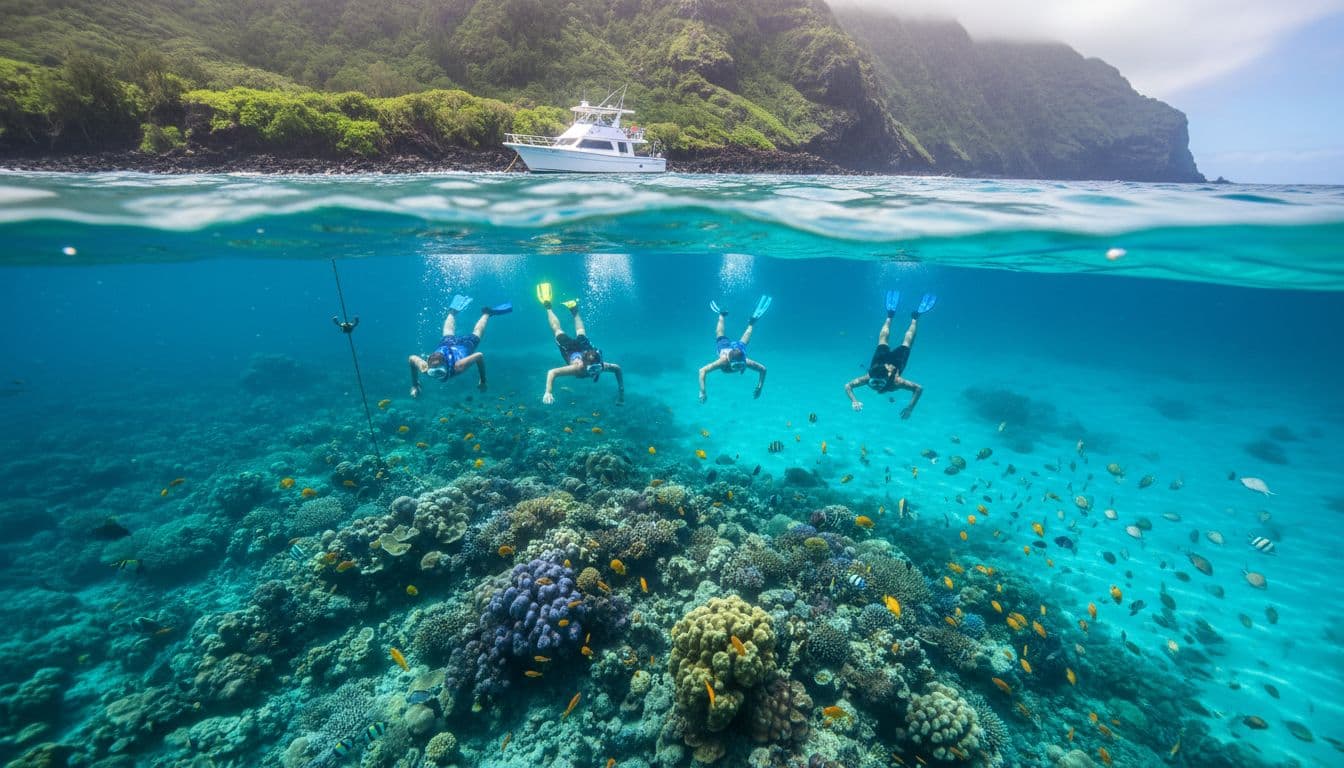 Three snorkelers swim above colorful coral reefs and tropical fish in turquoise waters, boat anchored behind volcanic coast.