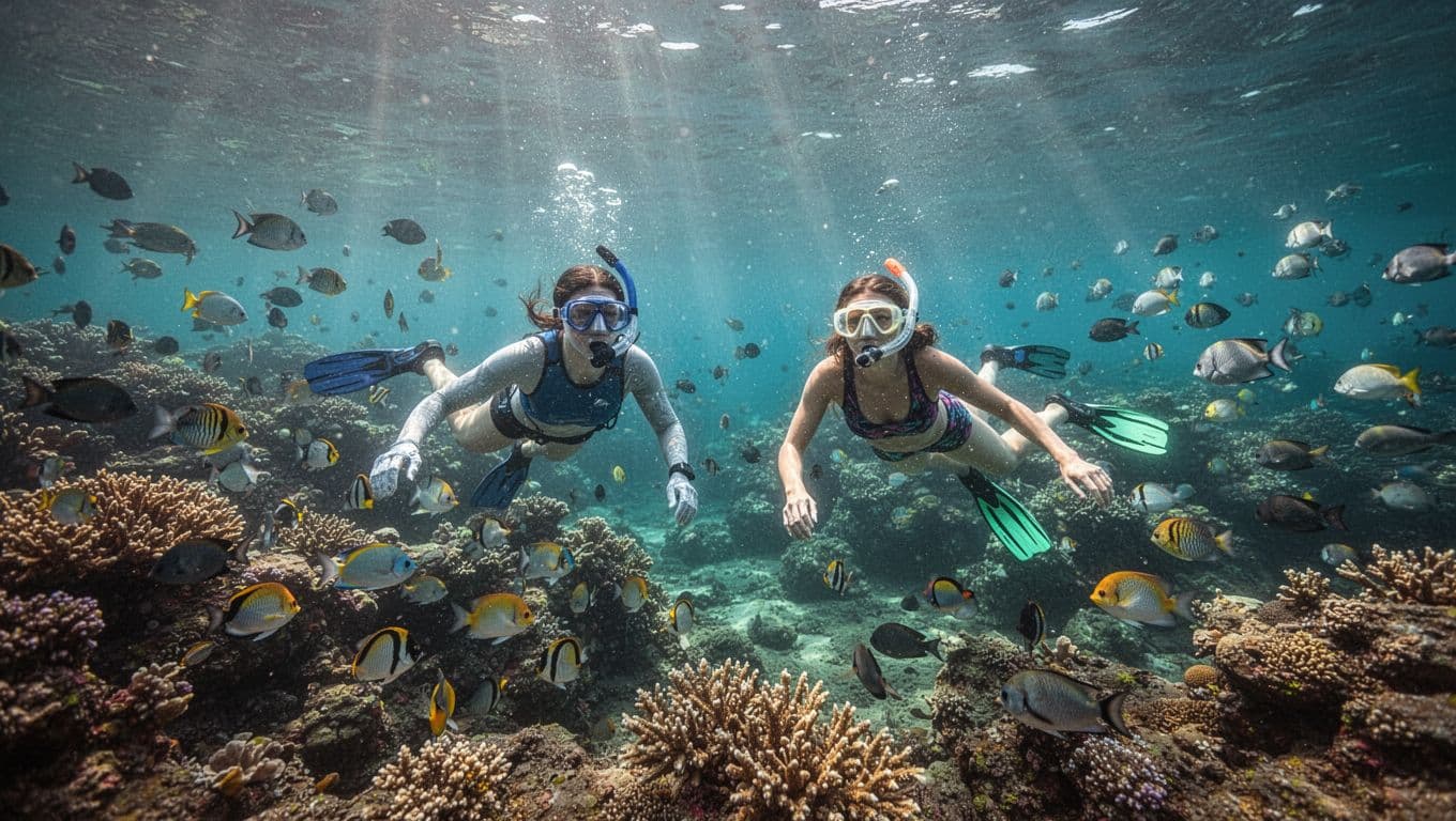 Crystal clear turquoise waters of Kealakekua Bay showcase vibrant coral reefs, schools of tropical fish, and two snorkelers exploring underwater with dramatic sunlight rays.