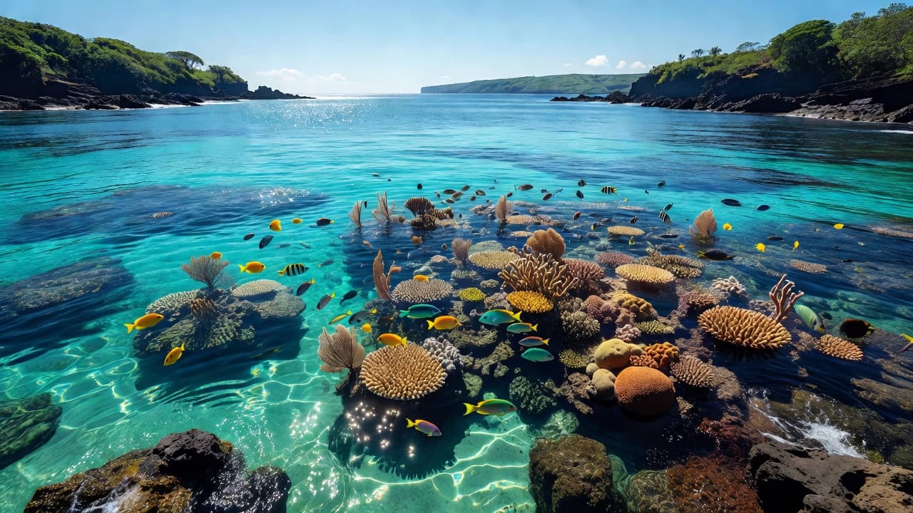 Sunlight penetrates the calm, turquoise waters of Kealakekua Bay, revealing a vibrant coral reef beneath the surface. The scene captures the tranquil depth and clarity of the Pacific tropical marine environment.
