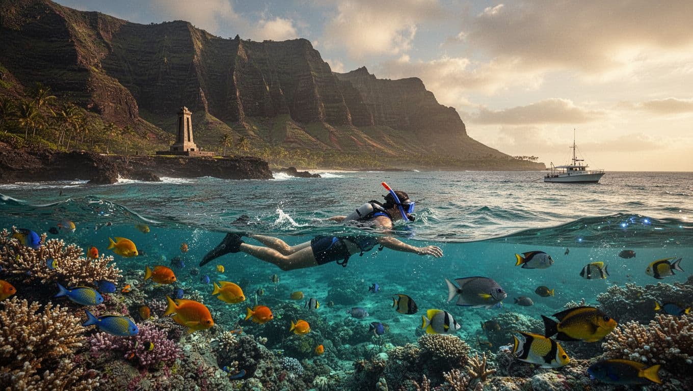 Crystal-clear turquoise waters of Kealakekua Bay with a snorkeler near colorful coral reefs and tropical fish, dramatic volcanic cliffs, boat in distance, and Captain Cook Monument silhouette in golden hour lighting.