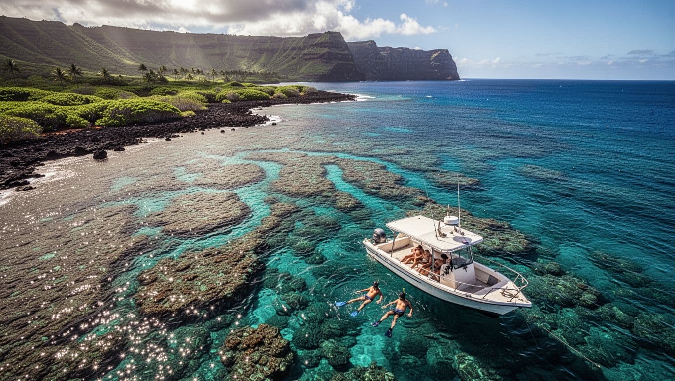 One boat with two snorkelers floats near Hawaii's green volcanic coast.