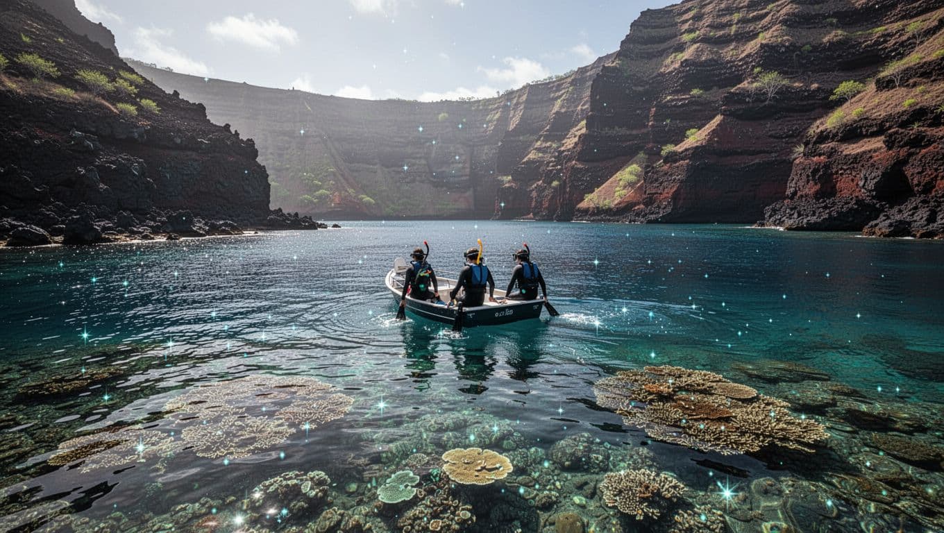 A boat with four snorkelers floats near a clear Hawaiian bay and volcanic cliffs.