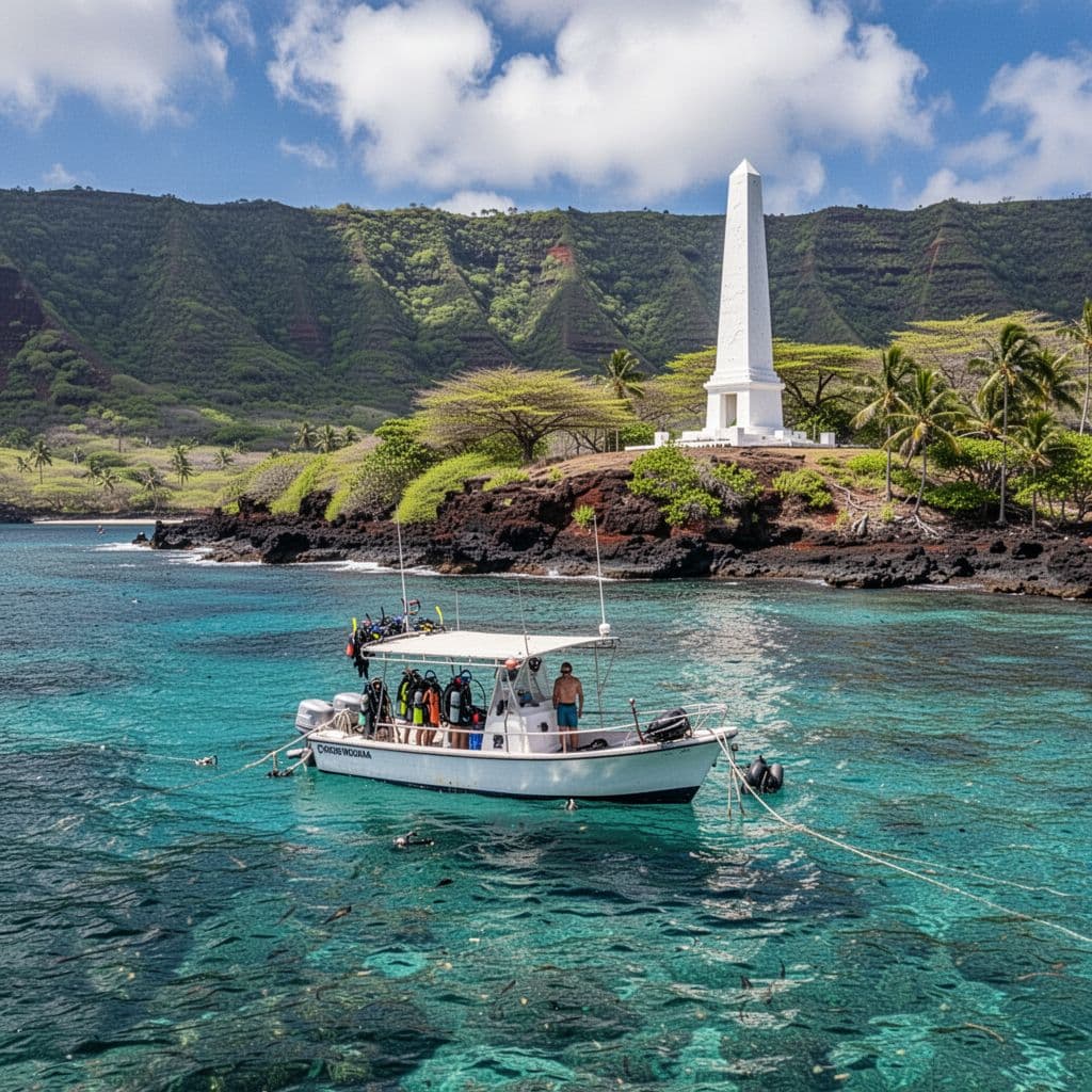 A snorkeling boat anchored in turquoise water near the Captain Cook monument on a green coastline.