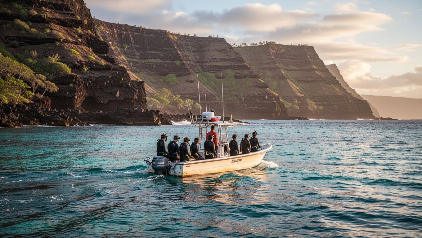 Small adventure boat with 8 snorkelers and 1 guide nears Kealakekua Bay on Big Island Hawaii, featuring dramatic volcanic cliffs rising from turquoise ocean in cinematic golden hour lighting.