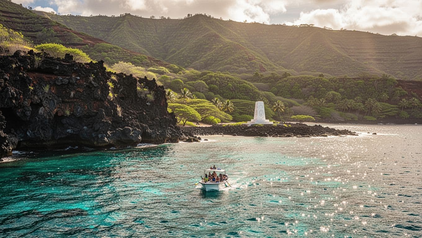 A small boat approaches turquoise water beneath lava cliffs and green slopes in Hawaii.