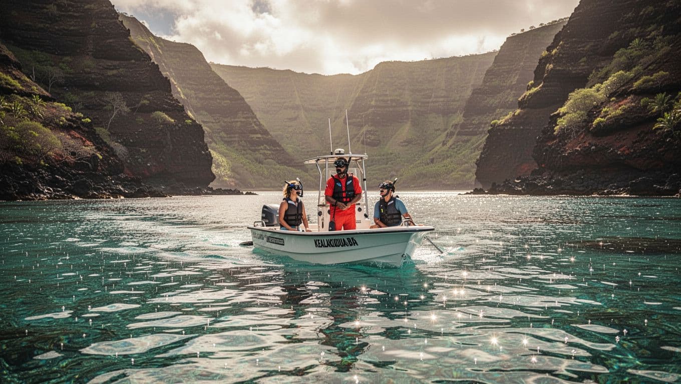 A small boat with four people approaches Hawaii's volcanic coastline across clear blue water.