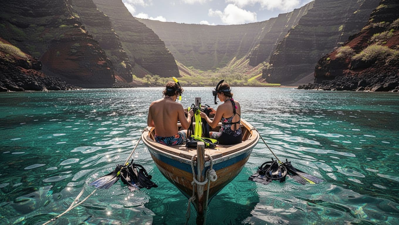 Crystal clear turquoise waters of Kealakekua Bay on Big Island, Hawaii, feature dramatic volcanic cliffs and sunlight reflections. A small boat in the foreground shows two people from behind preparing snorkel gear on deck, capturing the excitement of arriving for a snorkel adventure.