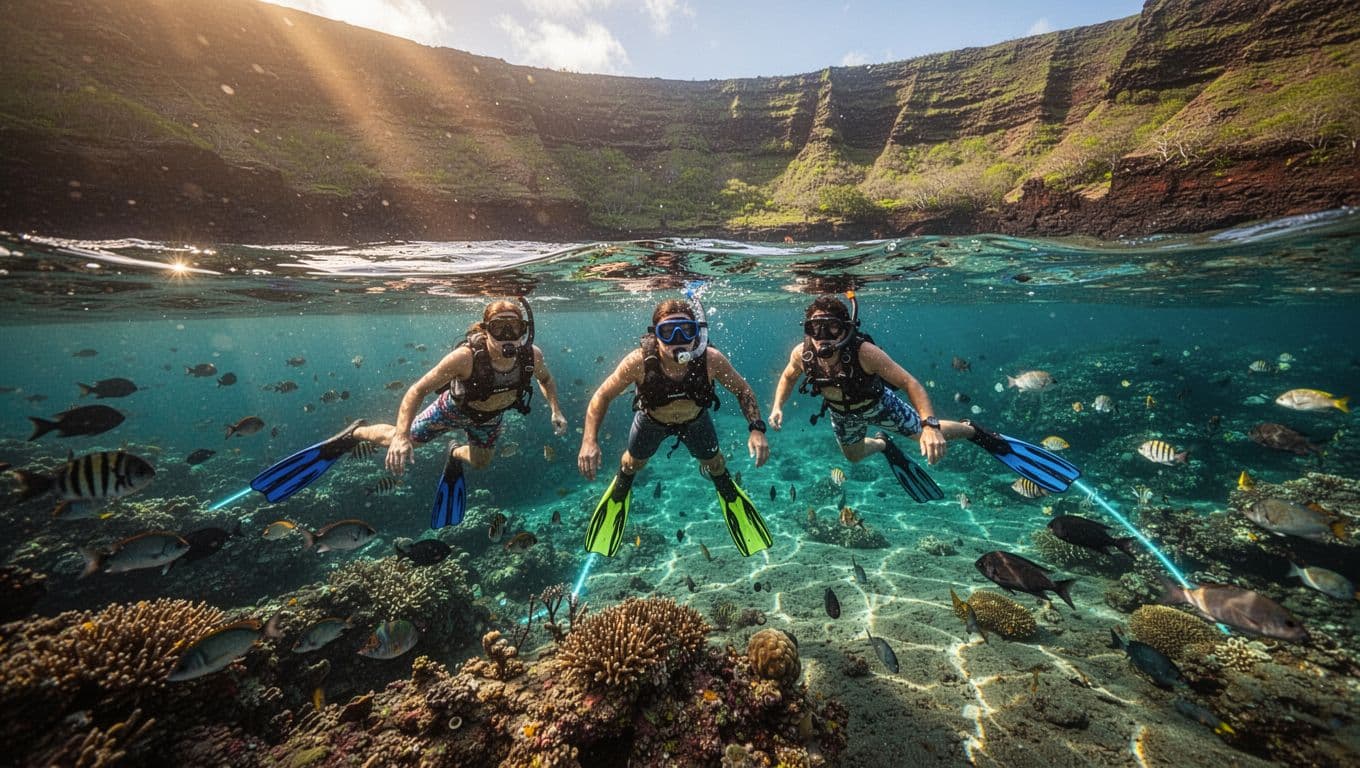 Three snorkelers float over vibrant reef in glass-like turquoise ocean, sunlight caustics on coral, green volcanic cliffs behind.