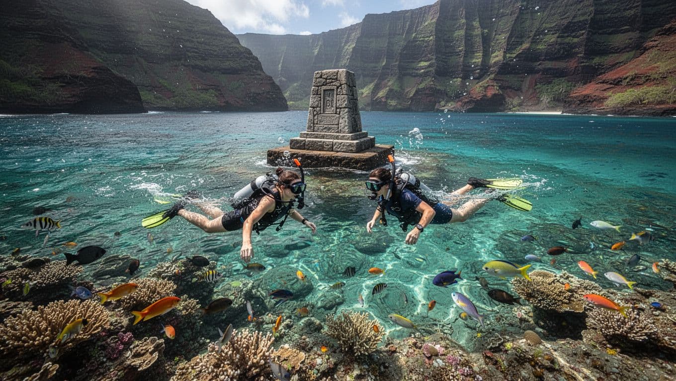 Two snorkelers view coral reefs and fish in turquoise waters near Captain Cook Monument with volcanic cliffs behind.
