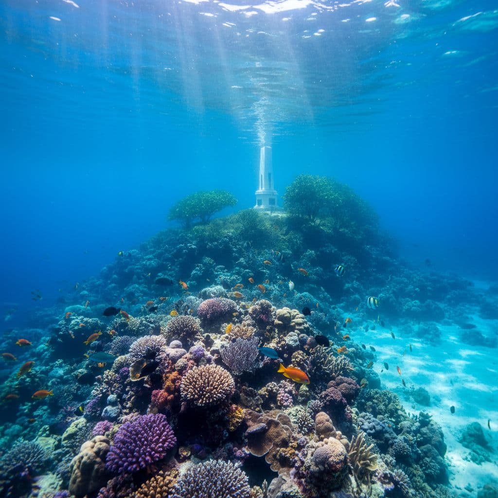 Underwater view of Kealakekua Bay with coral reefs, tropical fish, shore monument, and sunlight rays.
