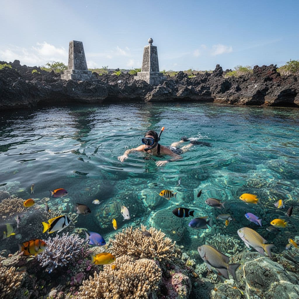Turquoise waters at Kealakekua Bay reveal coral reefs and fish under a floating snorkeler, with Captain Cook monument on volcanic shore.