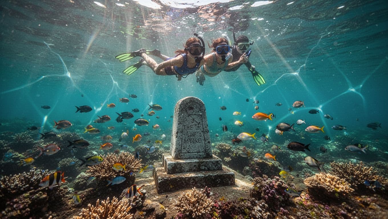 Snorkeler glides near surface over coral reefs, colorful fish schools, and Captain Cook monument in turquoise waters.