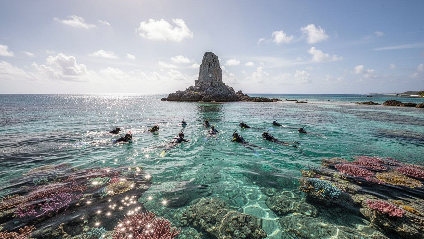Snorkelers swim in the clear blue waters of Kealakekua Bay with the Captain Cook monument on the shore.