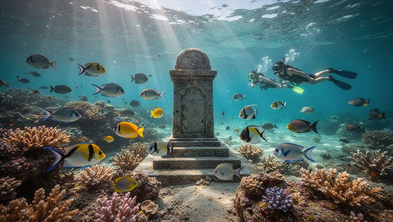 Vibrant underwater scene at Kealakekua Bay with colorful coral reefs, tropical fish around the historic Captain Cook Monument, crystal-clear turquoise water, and sunlight rays. Two distant snorkelers with masks and fins enhance the cinematic style with dramatic lighting and depth.