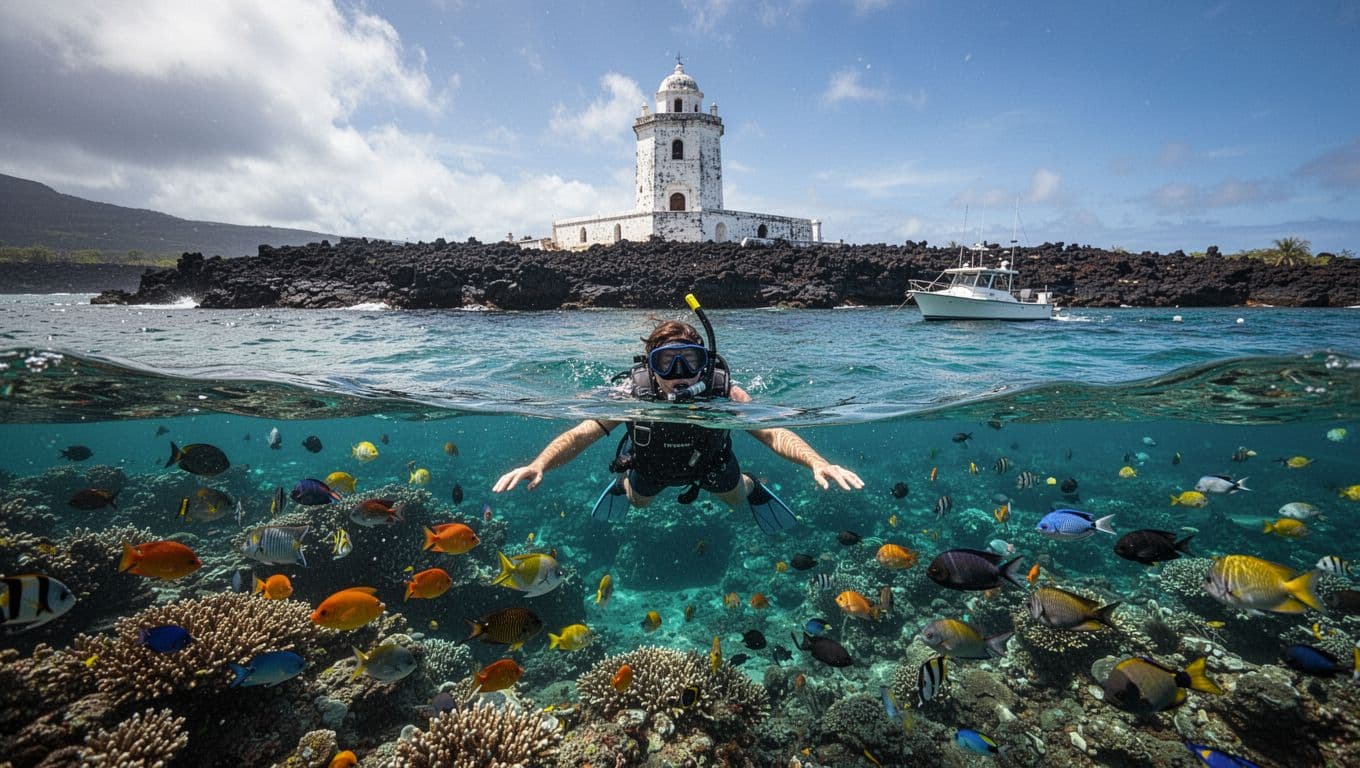 Crystal clear turquoise waters of Kealakekua Bay on Big Island Hawaii feature the historic white Captain Cook Monument on black lava rock shore, vibrant coral reef with colorful tropical fish, one snorkeler, and anchored boat.