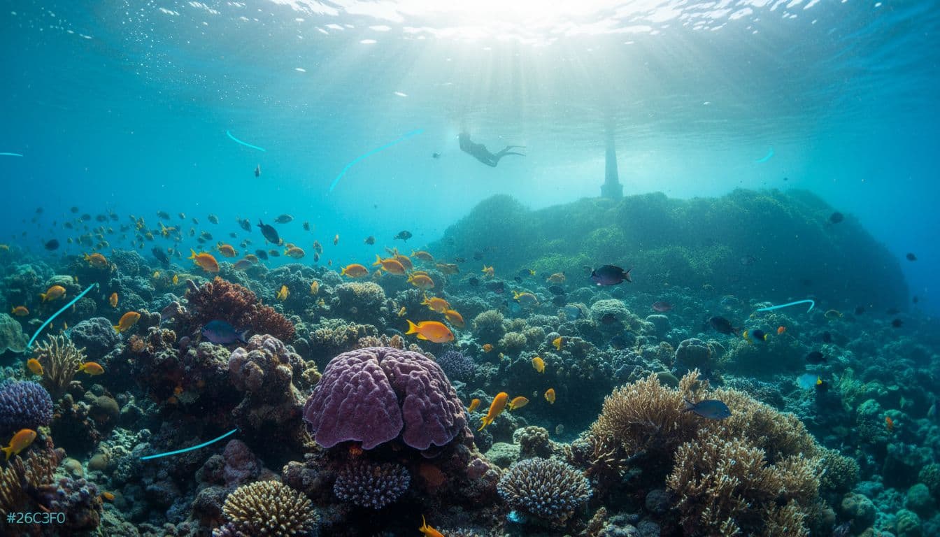 Colorful tropical fish swim around coral reefs in clear turquoise water, distant Captain Cook monument on shore, one snorkeler silhouette at surface.