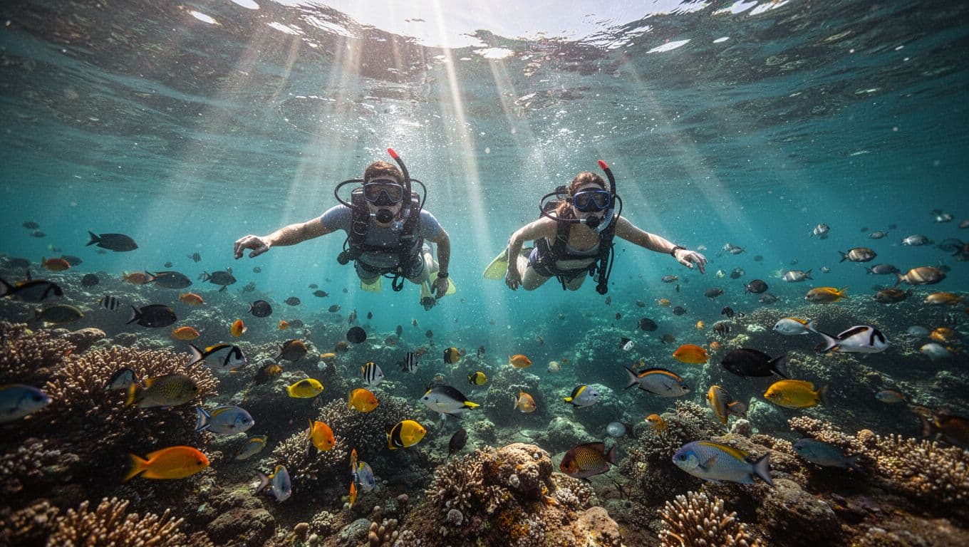 Two snorkelers swim near surface in turquoise Kealakekua Bay waters over coral reef with tropical fish and sunlight rays.