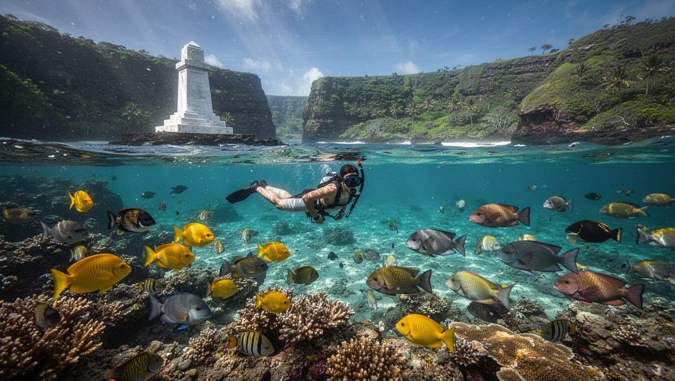 Vibrant coral reef teeming with colorful tropical fish like yellow tangs and parrotfish in crystal-clear turquoise waters of Kealakekua Bay, Hawaii, viewed by one snorkeler with distant white Captain Cook monument on lush green cliffs.