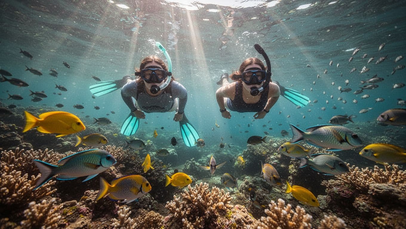 Two snorkelers view colorful coral reefs, parrotfish, yellow tangs, and schools of fish in clear turquoise water with sunlight rays.