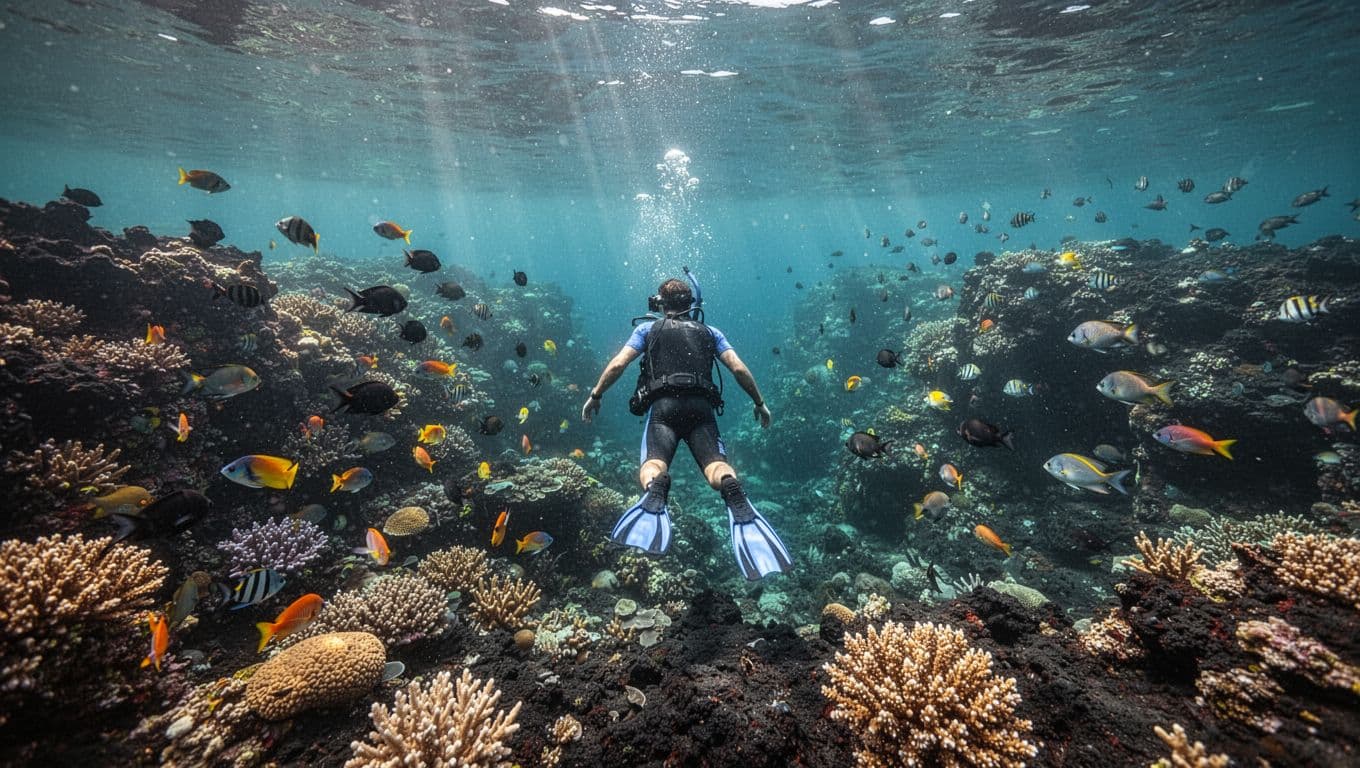 Snorkeler from behind views vibrant coral reef and tropical fish schools in clear turquoise water with sunlight rays.