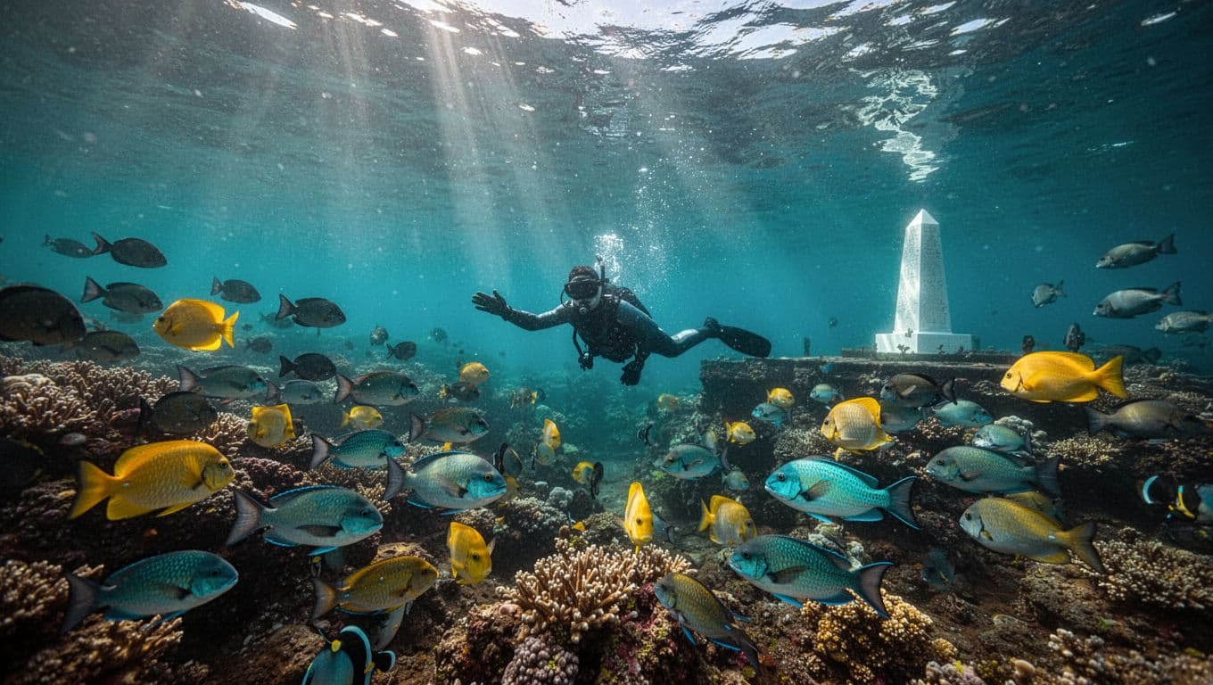 Stunning underwater snorkeling scene in Kealakekua Bay, Big Island, Hawaii, with colorful coral reefs, schools of tropical fish like yellow tang and parrotfish, clear turquoise water, sunlight shafts, and distant Captain Cook monument.