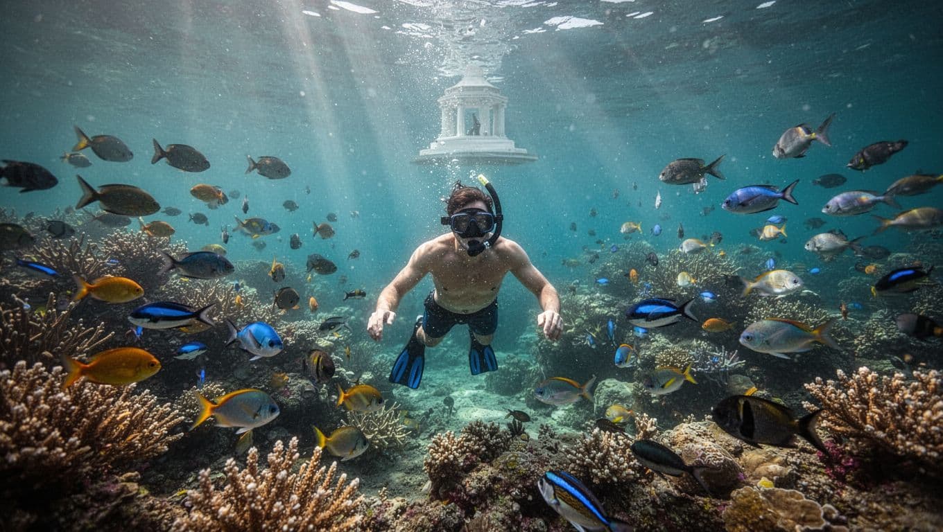 A single snorkeler with mask and fins explores a vibrant coral reef garden in Kealakekua Bay, Big Island Hawaii, surrounded by schools of colorful tropical fish, with sunlight rays filtering through turquoise water and the distant Captain Cook Monument silhouette.